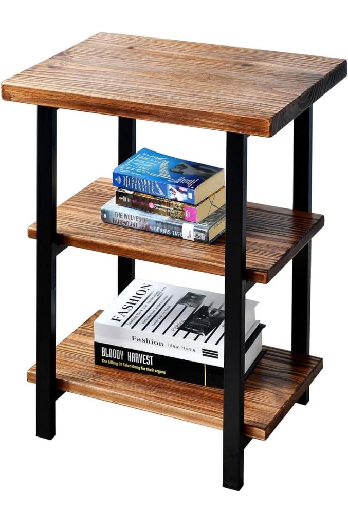 WELLAND 3-Tier High End Table | Rustic Side Table for Living Room & Bedroom | Made of Solid Pinewood with Espresso Finish Shelf and Matte Black Iron F