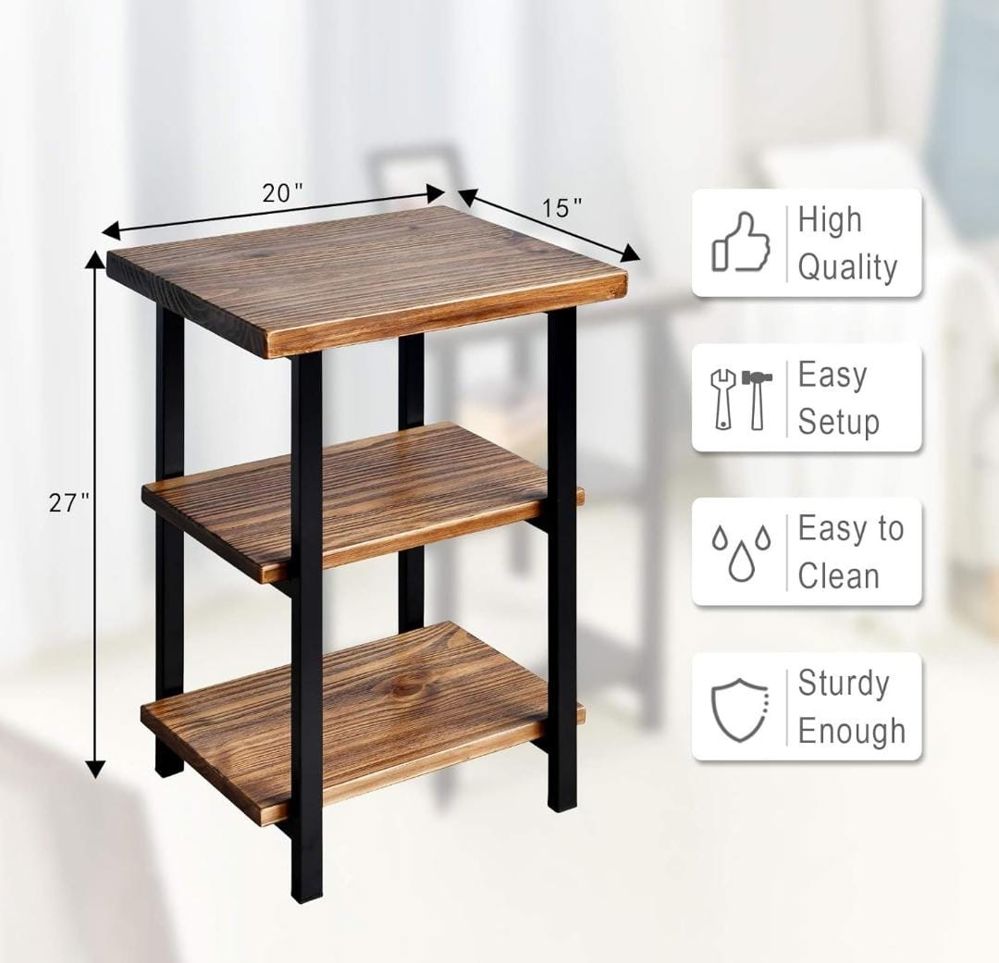WELLAND 3-Tier High End Table | Rustic Side Table for Living Room & Bedroom | Made of Solid Pinewood with Espresso Finish Shelf and Matte Black Iron F_thumbnail_1