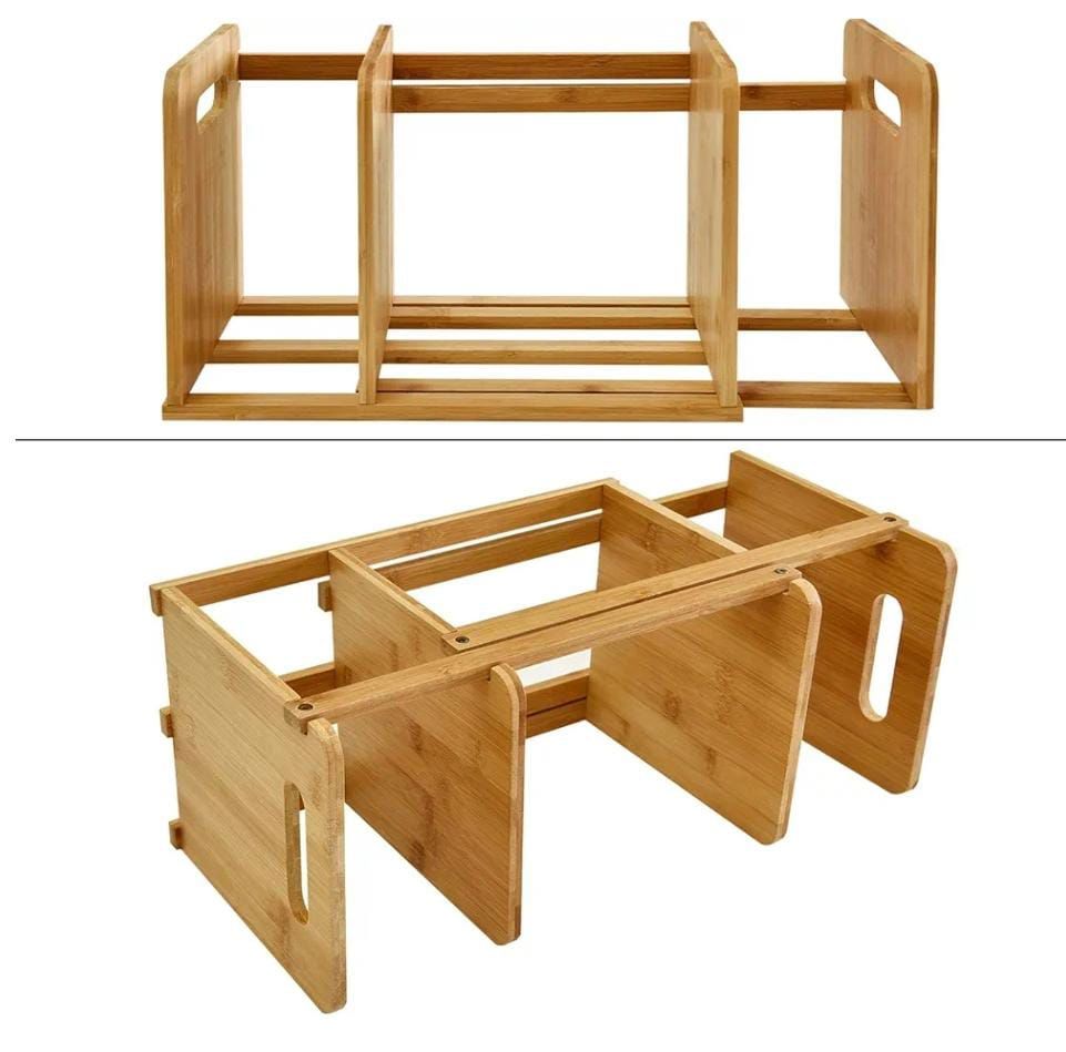 WELLAND Bamboo Desktop Bookshelf Small Book Rack Adjustable Desk Storage Organizer_thumbnail_2